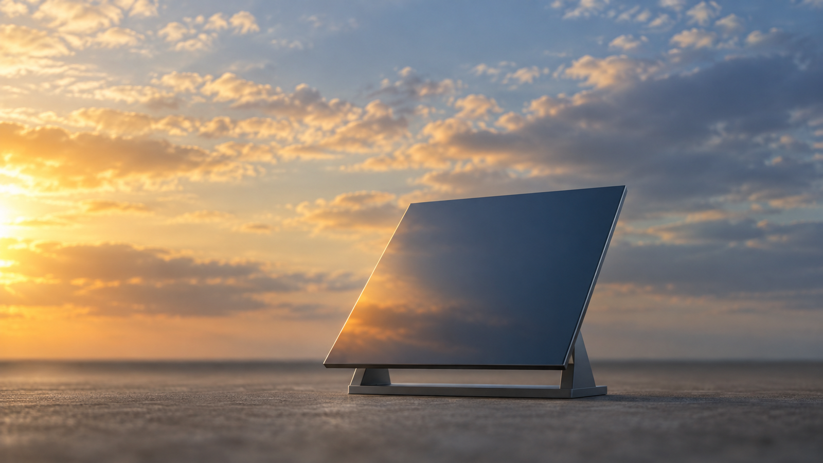 Conceptual image of a plain dark panel on a flat stand under an evening sky with clouds, lit by slanting sunlight