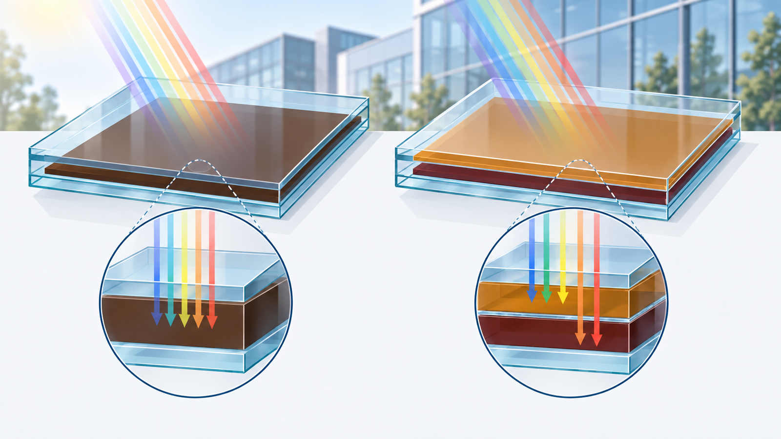 Concept diagram: a glass-type single-junction perovskite module compared with a tandem stacking two perovskite layers