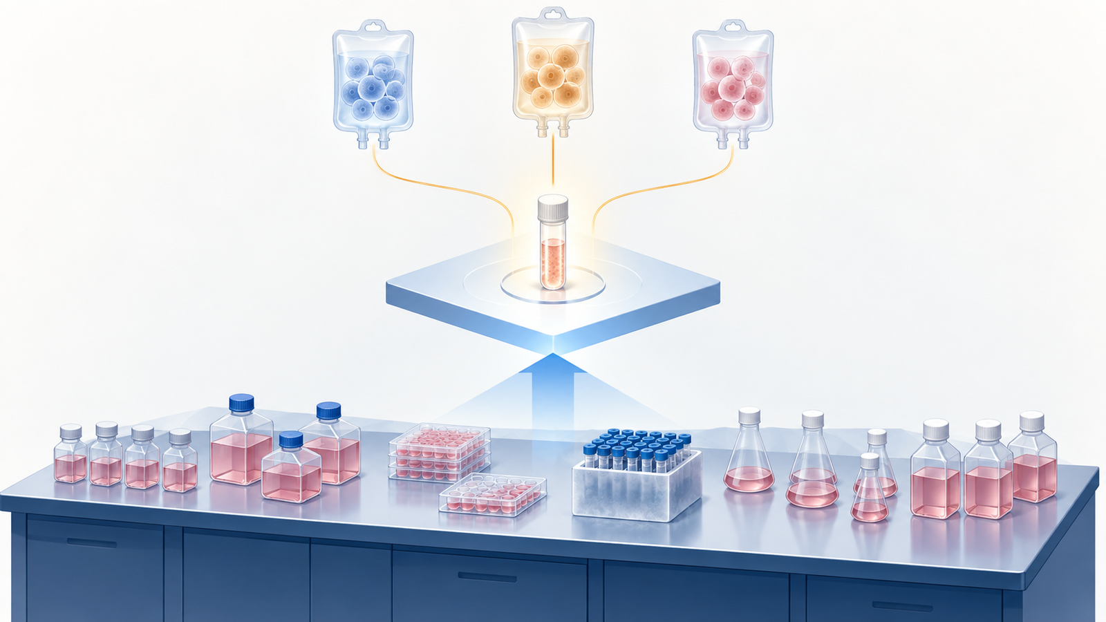 Concept diagram: a two-layer business, selling research media and cells, and supplying clinical-grade iPS cells as starting material