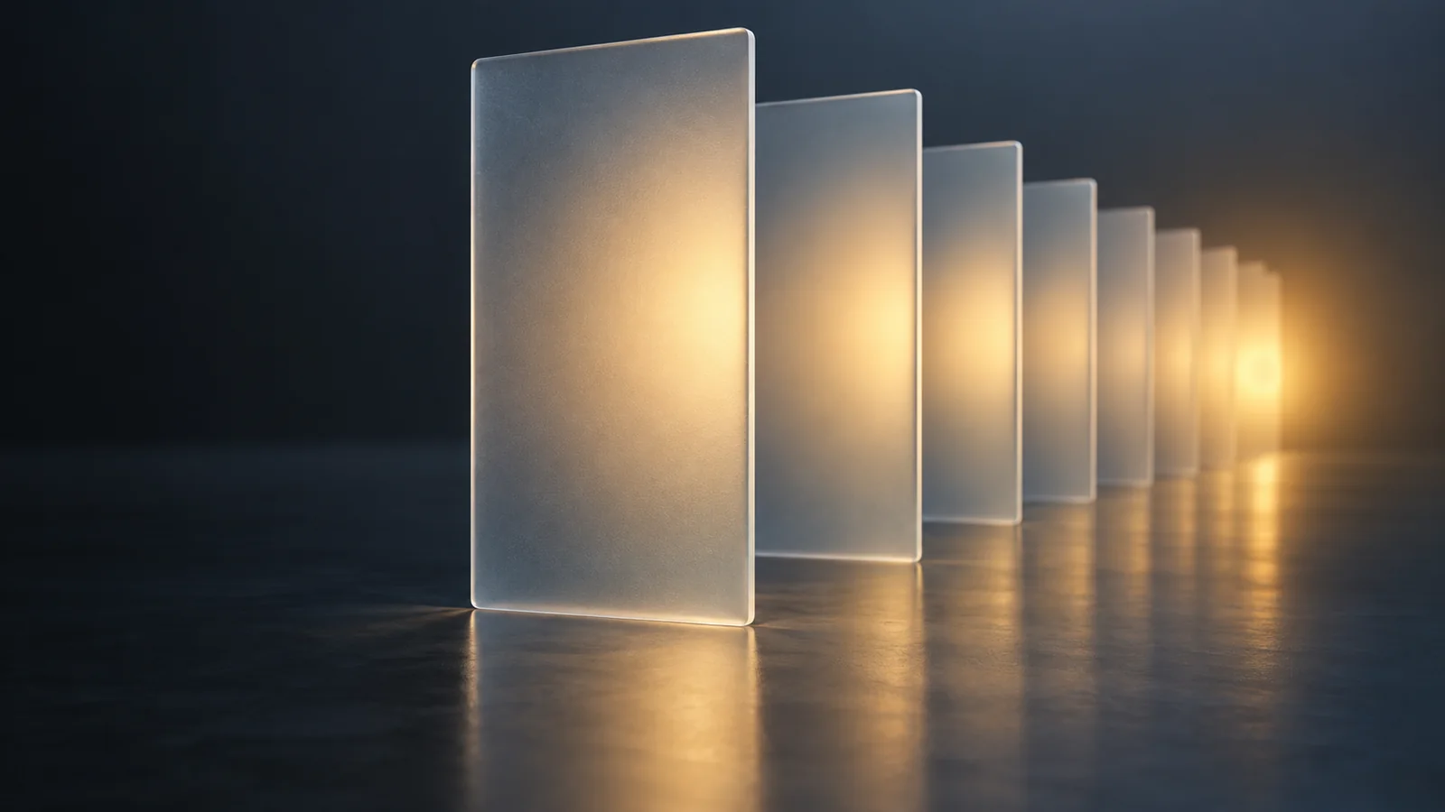 concept image that the board of semi-transparent glass is aligned in equal intervals and soft light passes between them