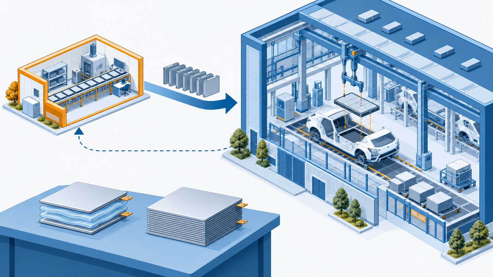 Conceptual diagram: The process from an automotive manufacturer investing in a startup to installing the battery technology in their cars.