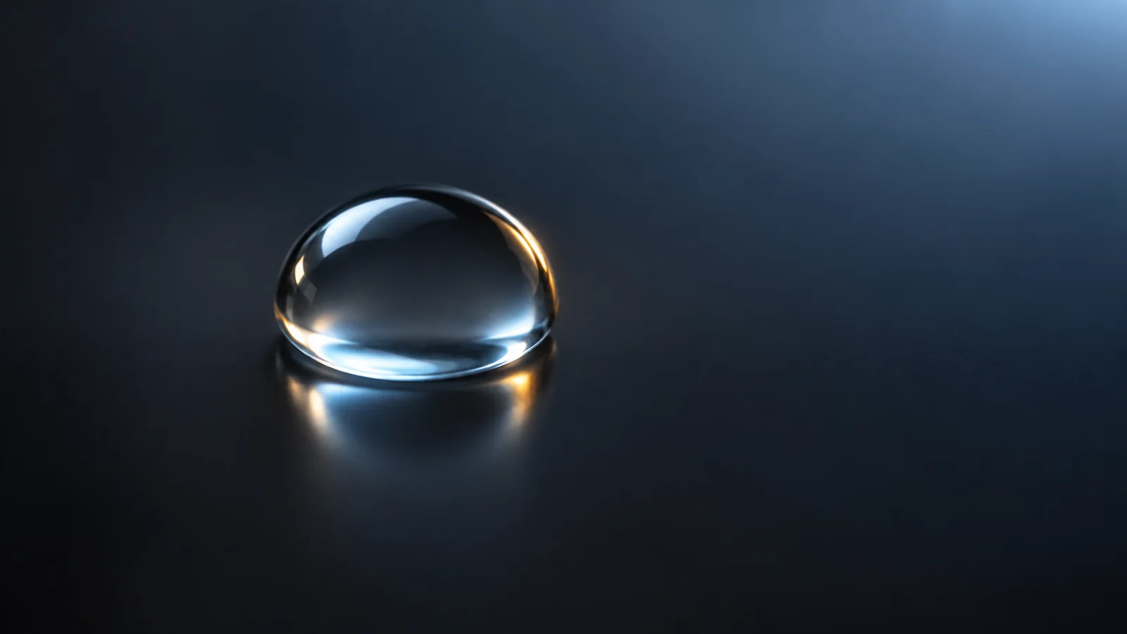 Conceptual image of a single round, clear droplet sitting on a smooth plain glass surface against a dark background, soft light reflected on it