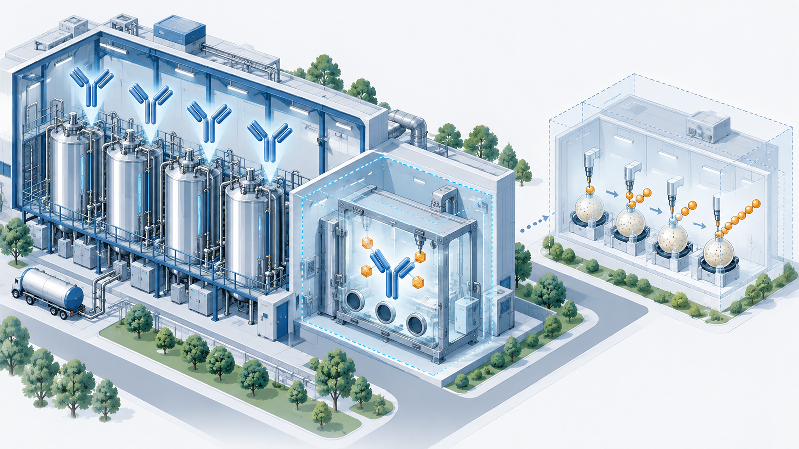Conceptual diagram: Next to a large antibody culture tank, the drug connects to the antibody in a small enclosed room, and a short peptide chain is assembled in another building.