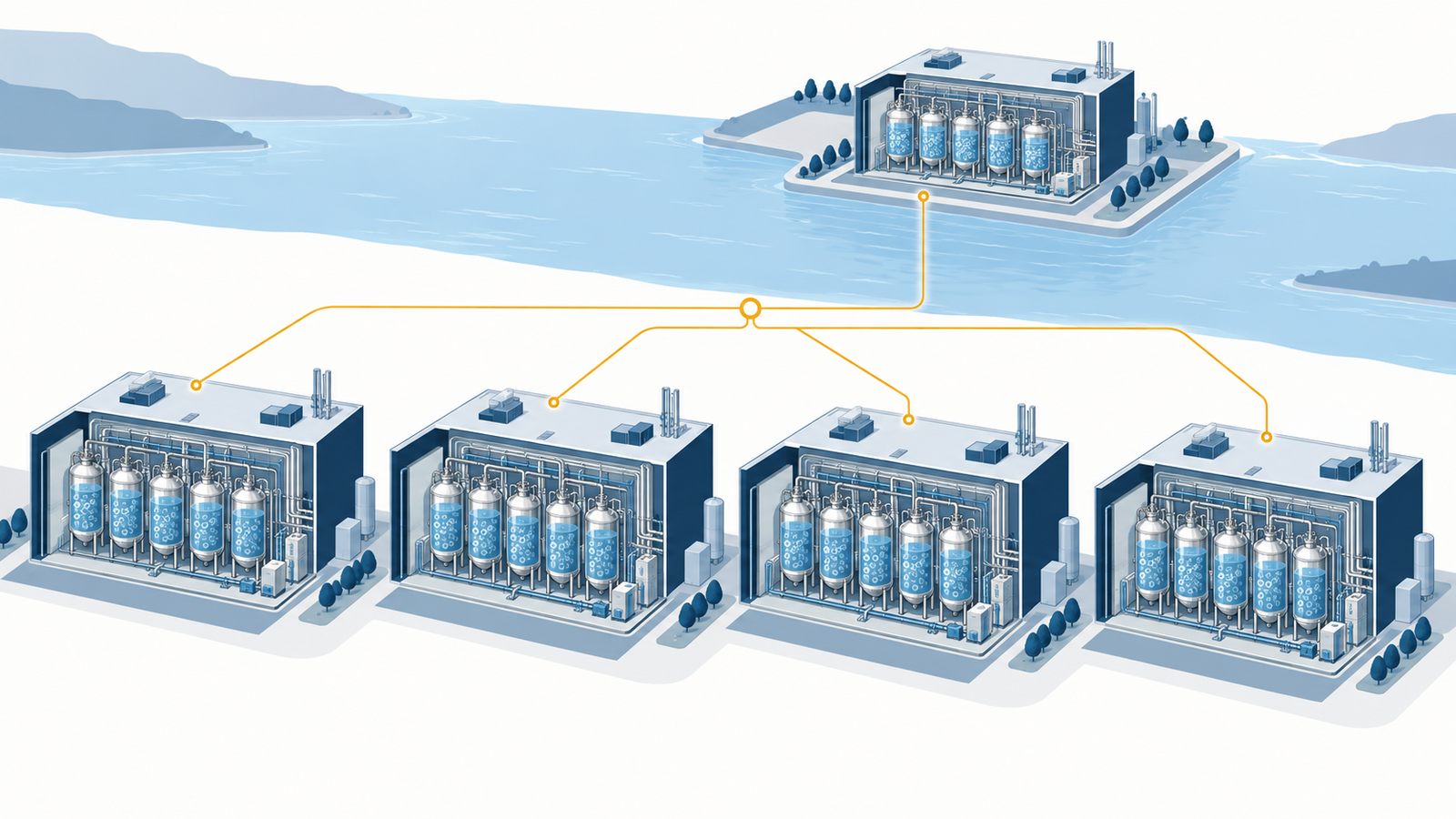 Concept diagram: a contract manufacturing network linking several plants with identically designed large culture tanks through one standardised way of operating