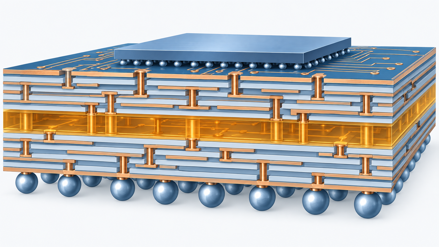 Concept diagram showing a cross-section of the multilayer package substrate that carries a semiconductor die (AI-generated concept image)
