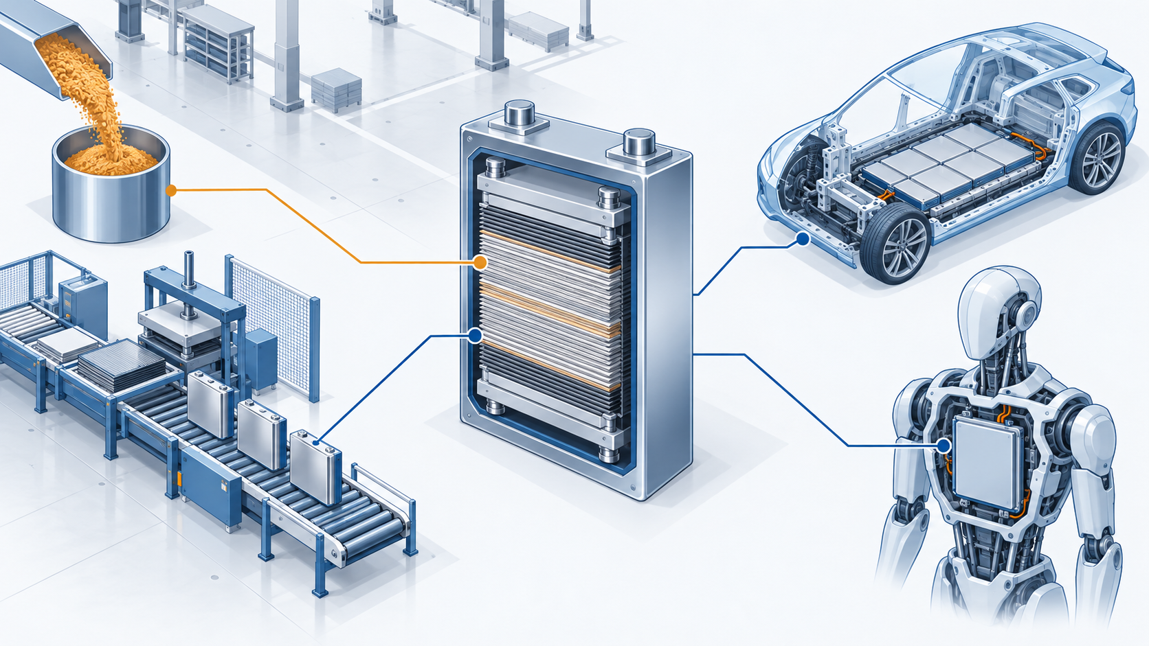 Conceptual illustration: A battery manufacturer stands between an automotive manufacturer and a materials manufacturer, bridging the gap from a prototype line to mass production