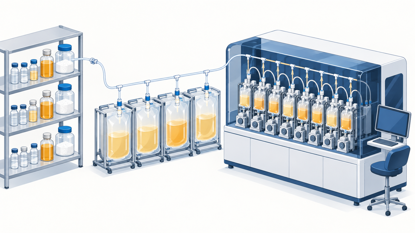 Concept diagram: a supply flow linking media raw materials and reagents to a closed, parallel-processing cell therapy manufacturing system