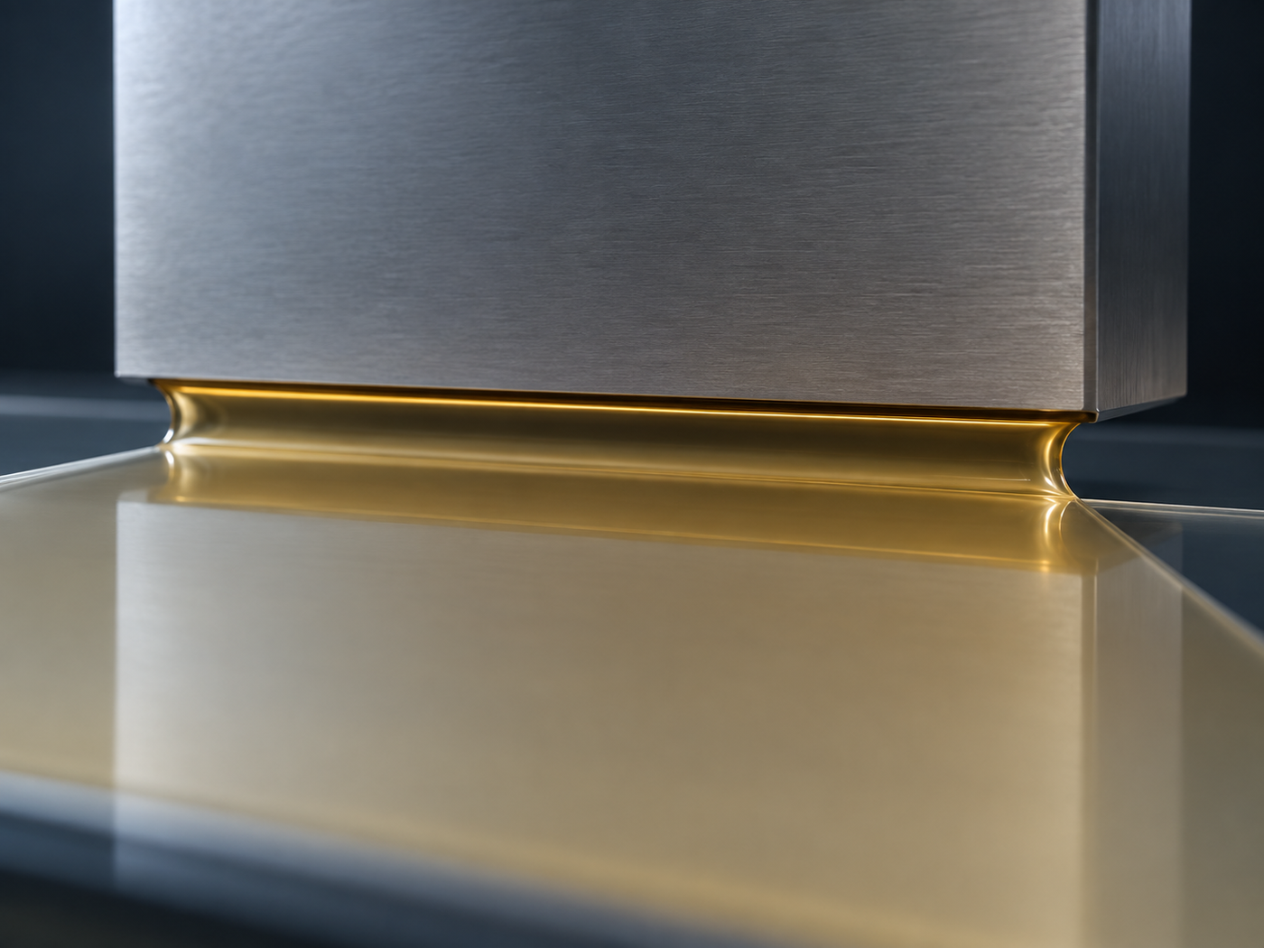 Conceptual image of a glossy liquid film delivered evenly onto a flat plate through the narrow gap of a plain metal coating head, against a dark background