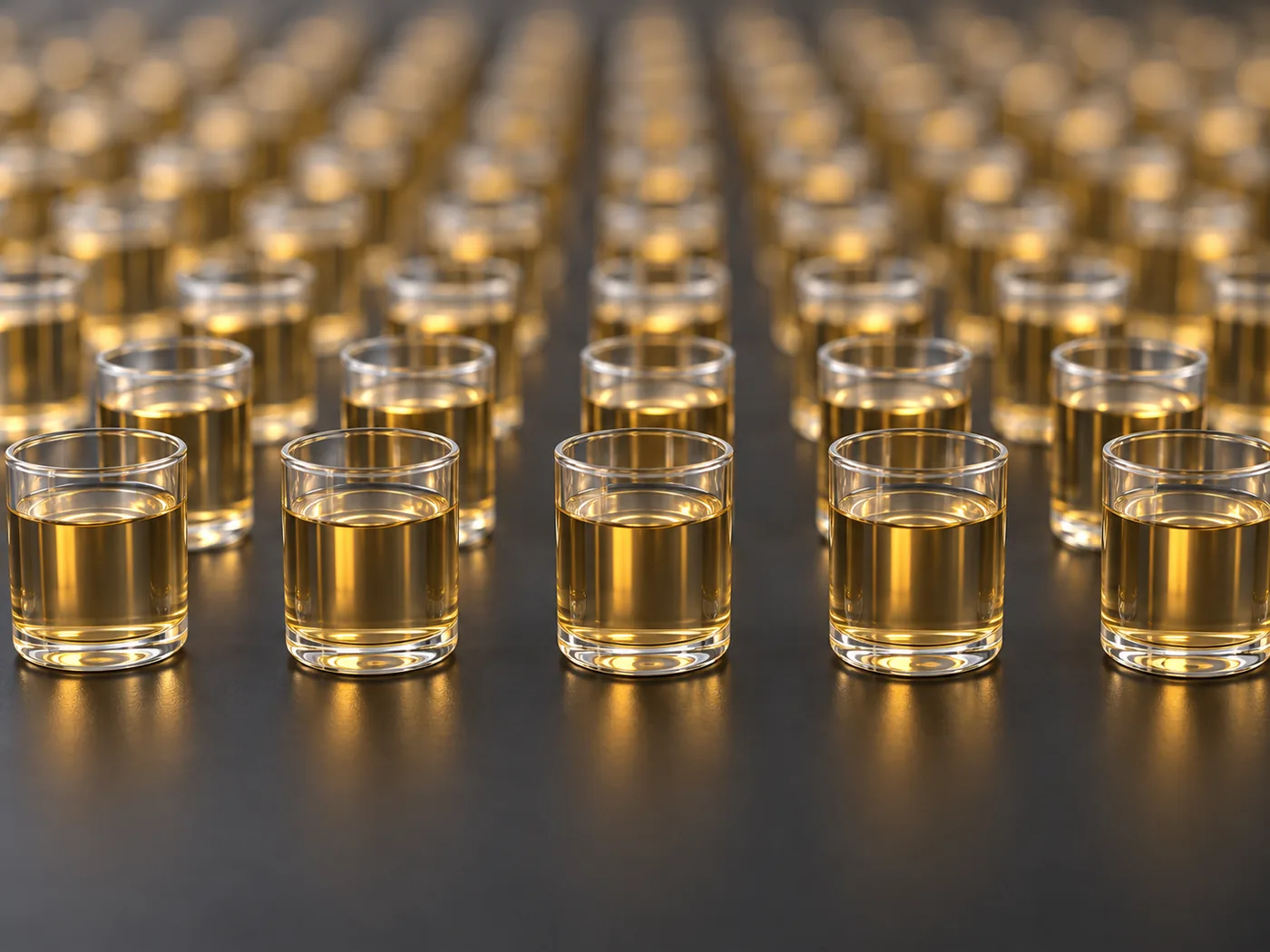 Conceptual image of many rows of small, plain, clear cylindrical vessels of identical shape arranged in a neat grid against a dark background