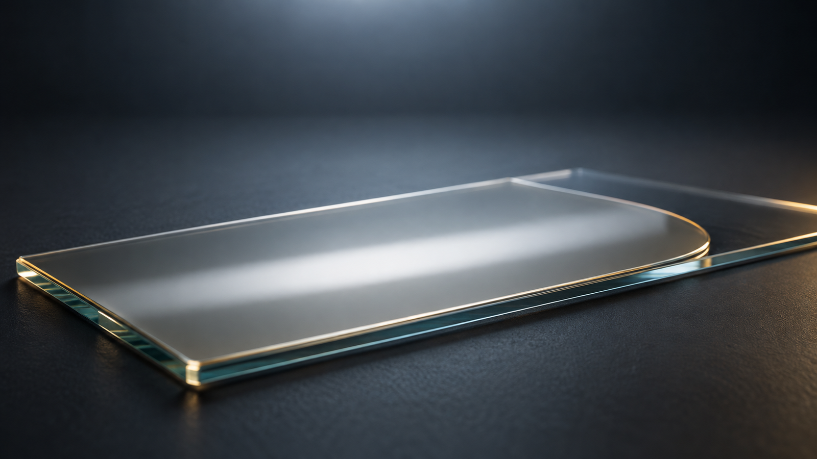 Conceptual image of a thin, glossy liquid film spread evenly over a flat transparent plate against a dark background