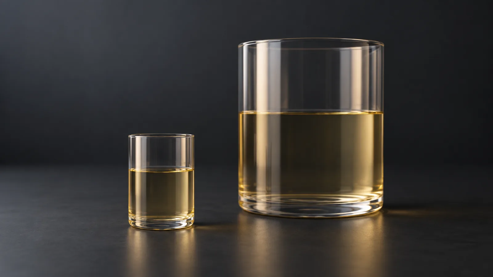 Conceptual image of two plain clear cylindrical vessels of the same shape, one small and one large, side by side on a dark surface, both holding a pale amber liquid