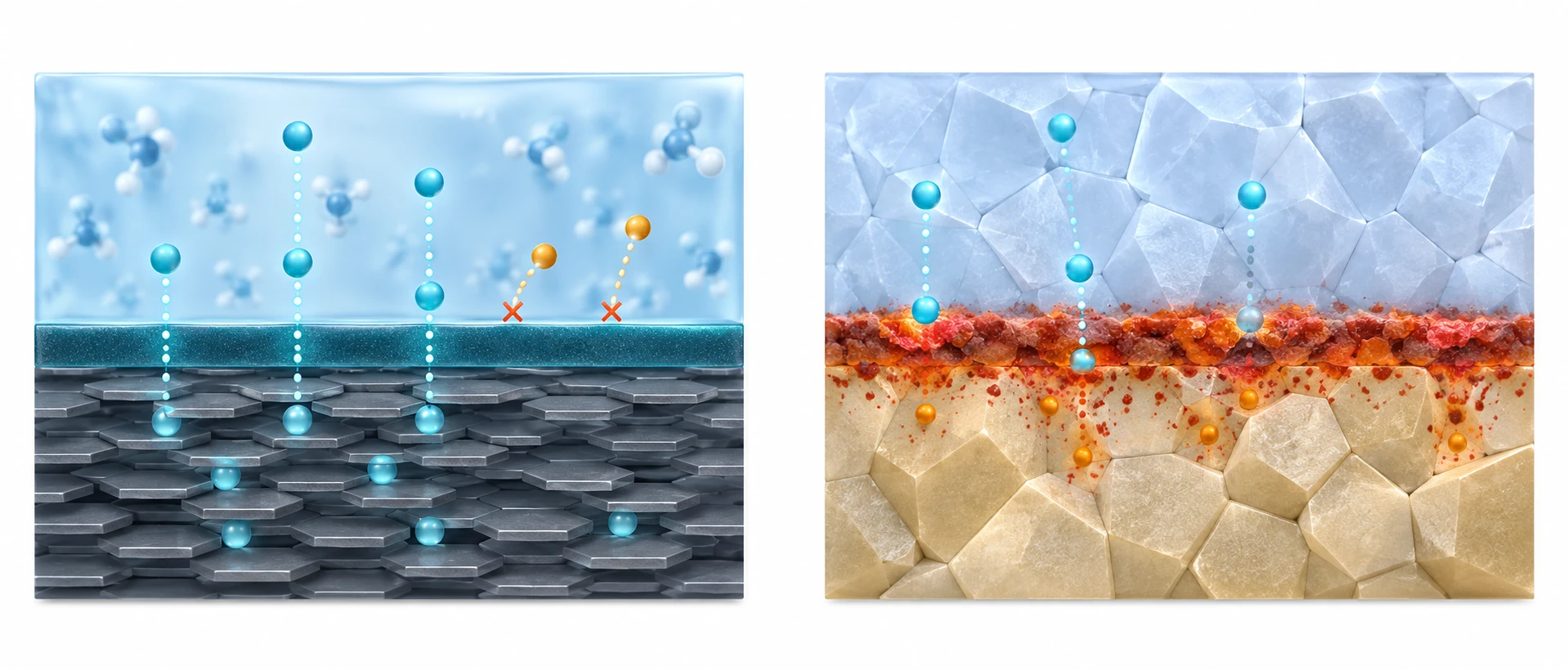 Concept comparison between a protective SEI in a liquid cell and a resistive chemical reaction layer in an all-solid-state cell