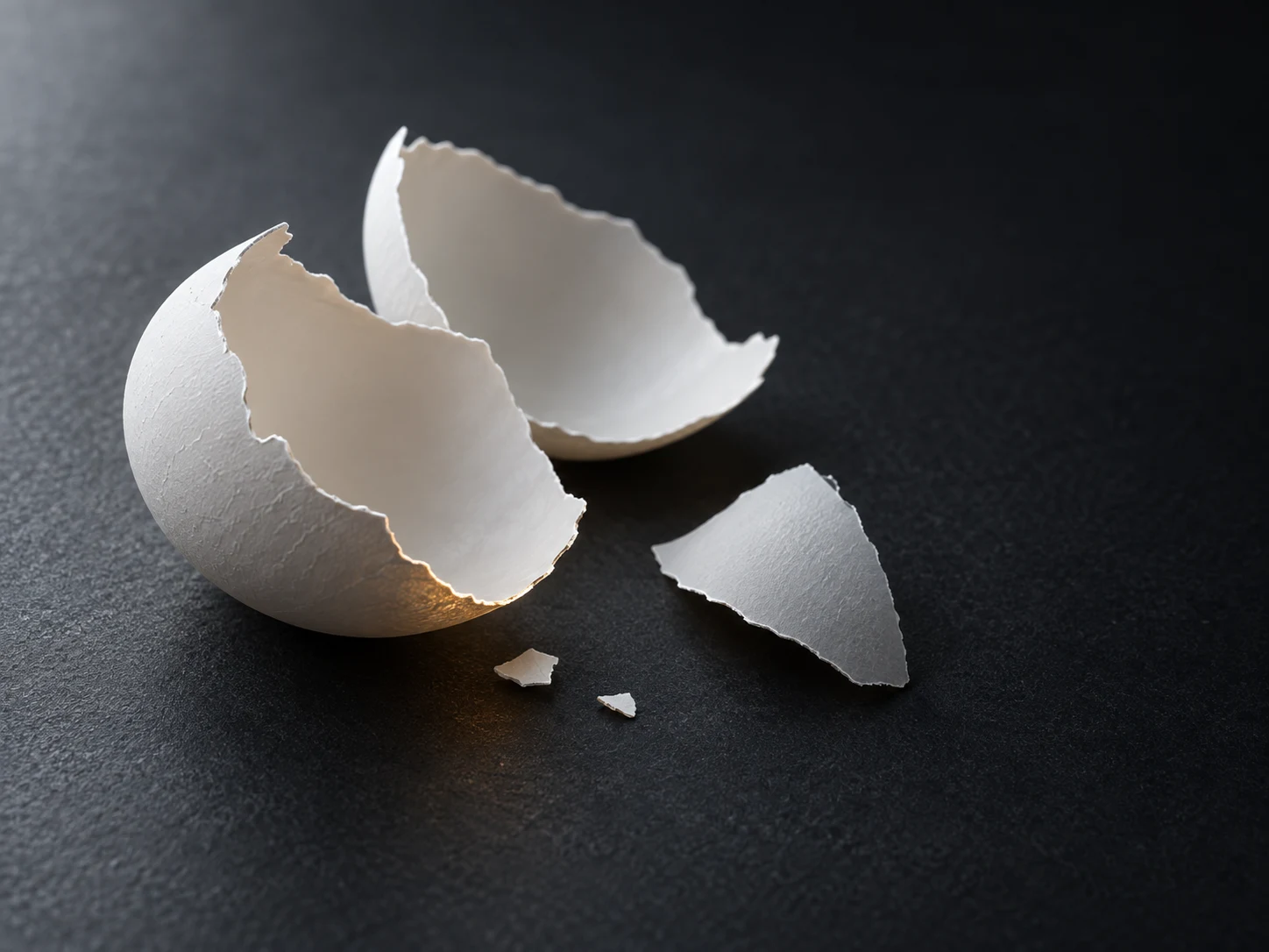 Conceptual image of a thin white fragment of eggshell resting on a dark surface