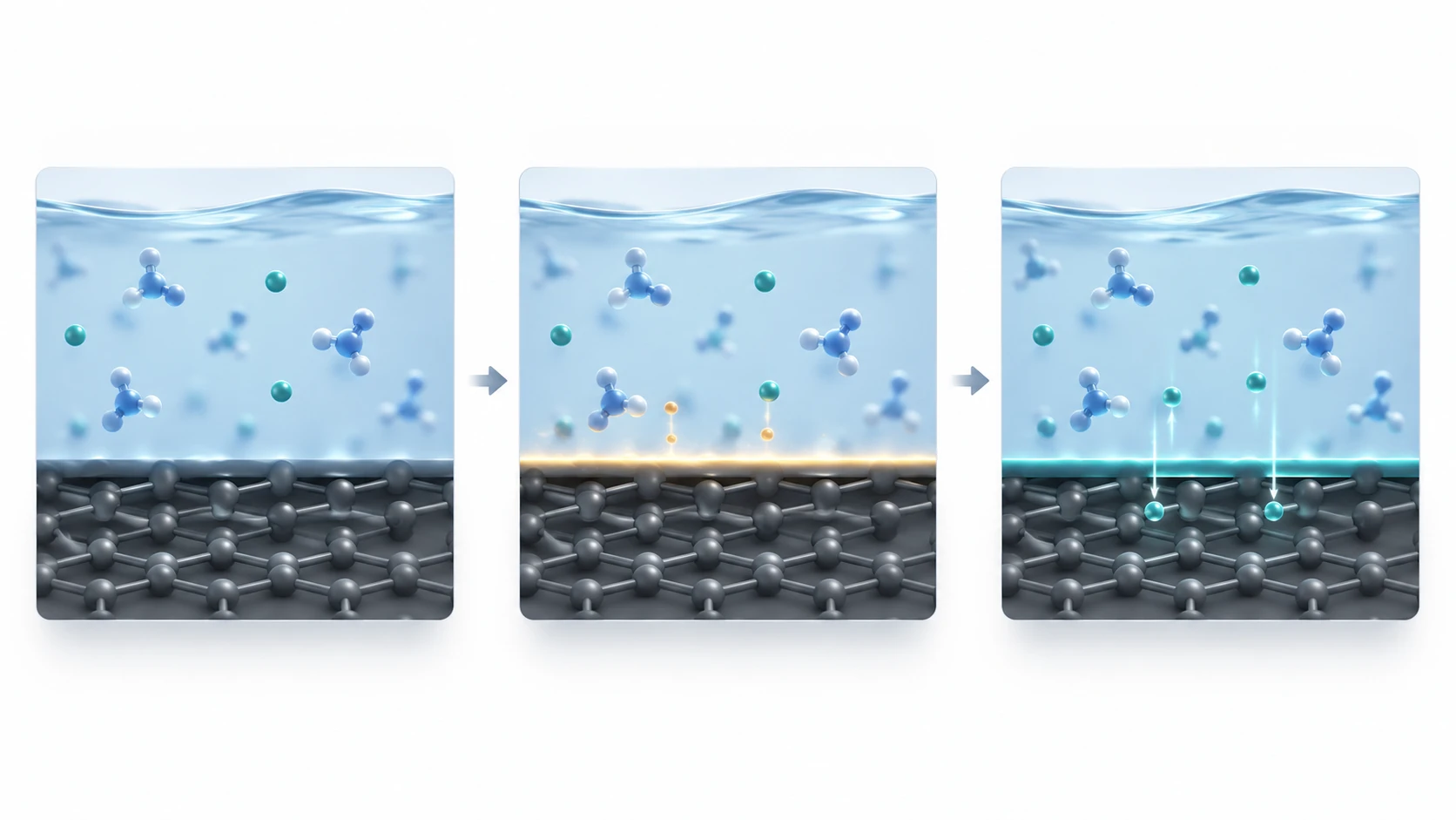 Three-stage concept showing a thin SEI forming between liquid electrolyte and a graphite anode during first charge and then suppressing further decomposition while ions pass