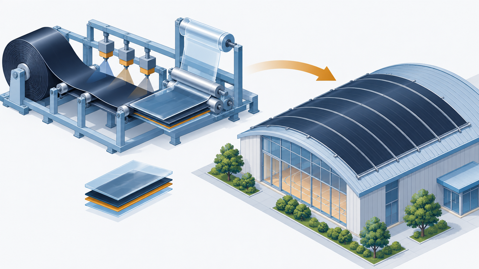 Concept diagram: film-type solar cells unrolling from a roll and being laid onto a lightweight metal roof