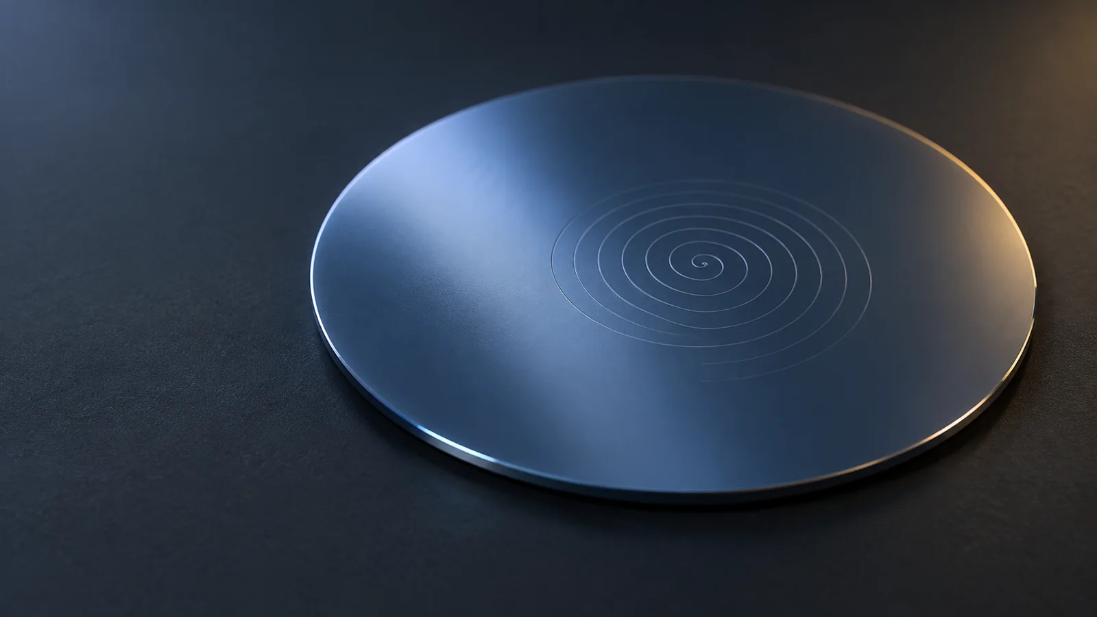 Conceptual image of a dark round substrate on whose surface a thin, pale line wound many times into a spiral is faintly visible through differences in reflection