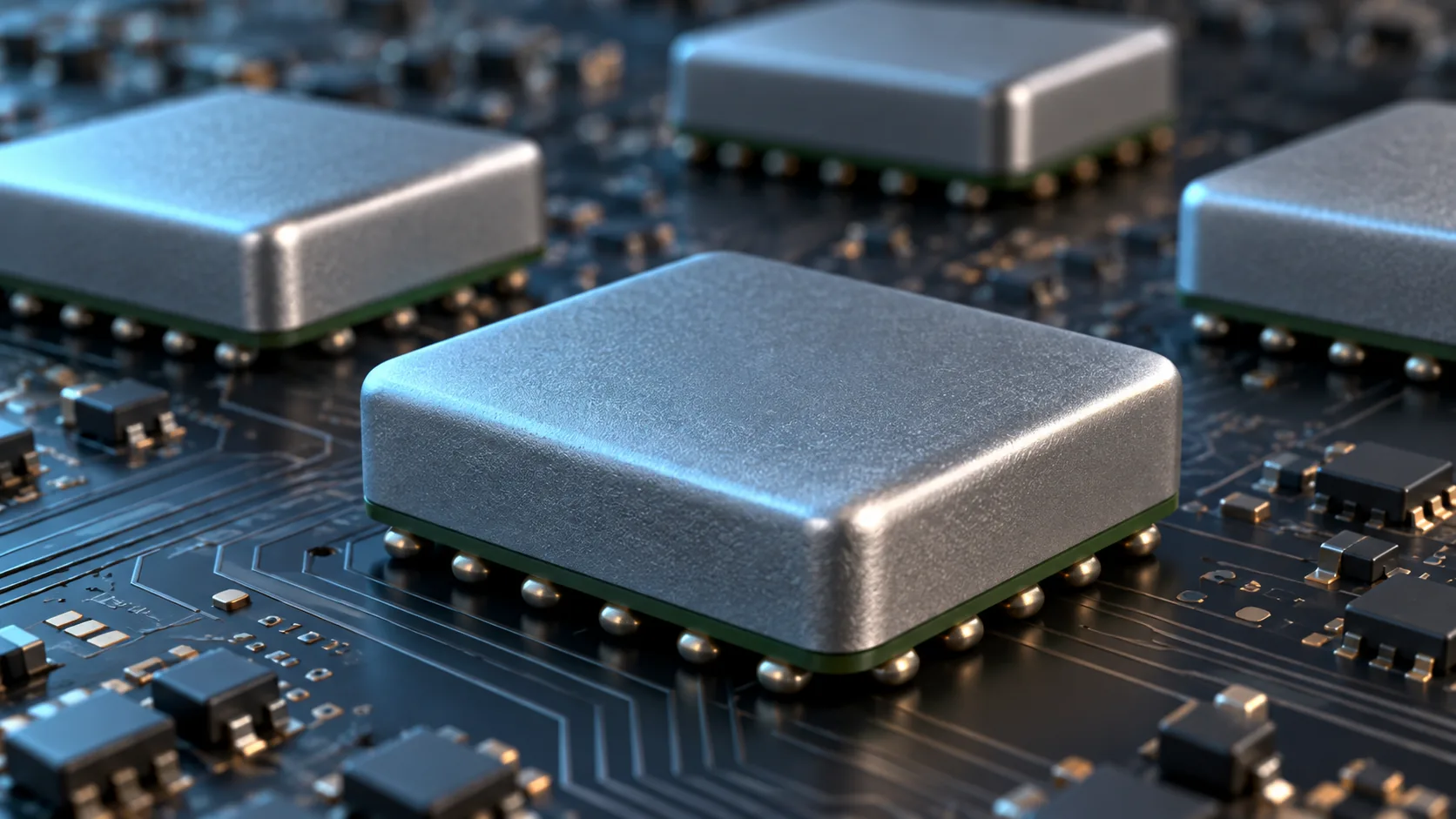 Magnified conceptual image of a small rectangular module covered by a metal film and mounted on a board