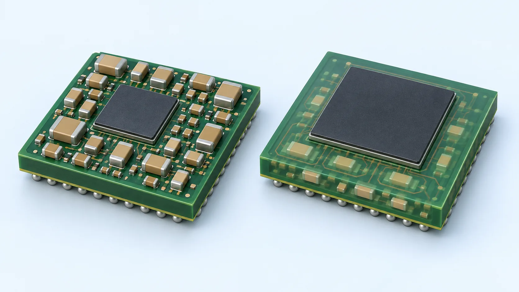 Conceptual illustration of Surface mounting versus a component-embedded board