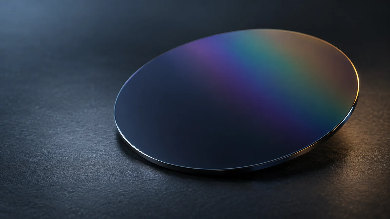 Conceptual image of a dark navy disc-shaped wafer set at an angle on a dark surface, with a faint iridescent sheen from a thin transparent film on top