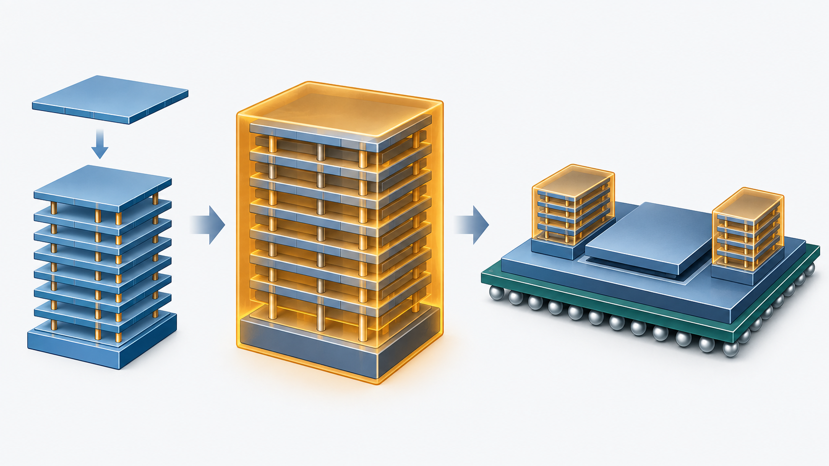 Concept diagram showing stacked memory being built into an advanced package (AI-generated concept image)