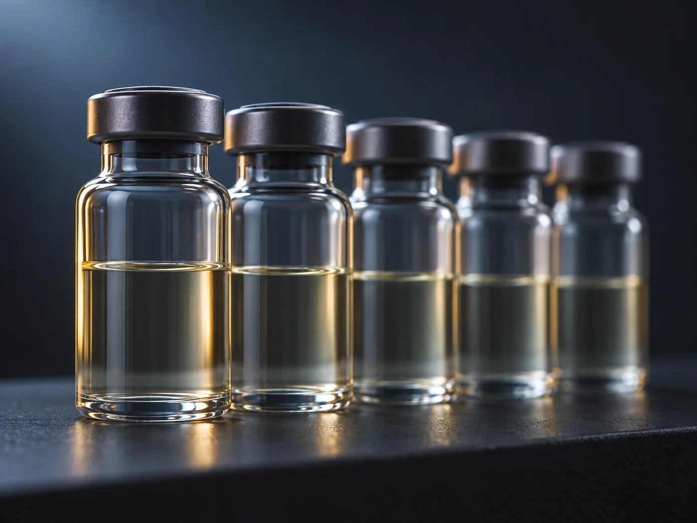 Conceptual image of several small plain glass vials, tightly capped and neatly lined up against a dark background, each holding a clear liquid of very pale colour