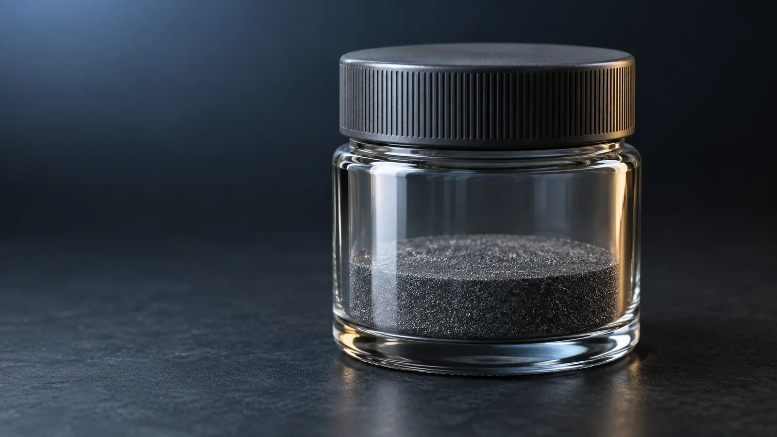 Conceptual image of a plain glass container, firmly stoppered, holding fine grey-black powder, standing on a dark surface