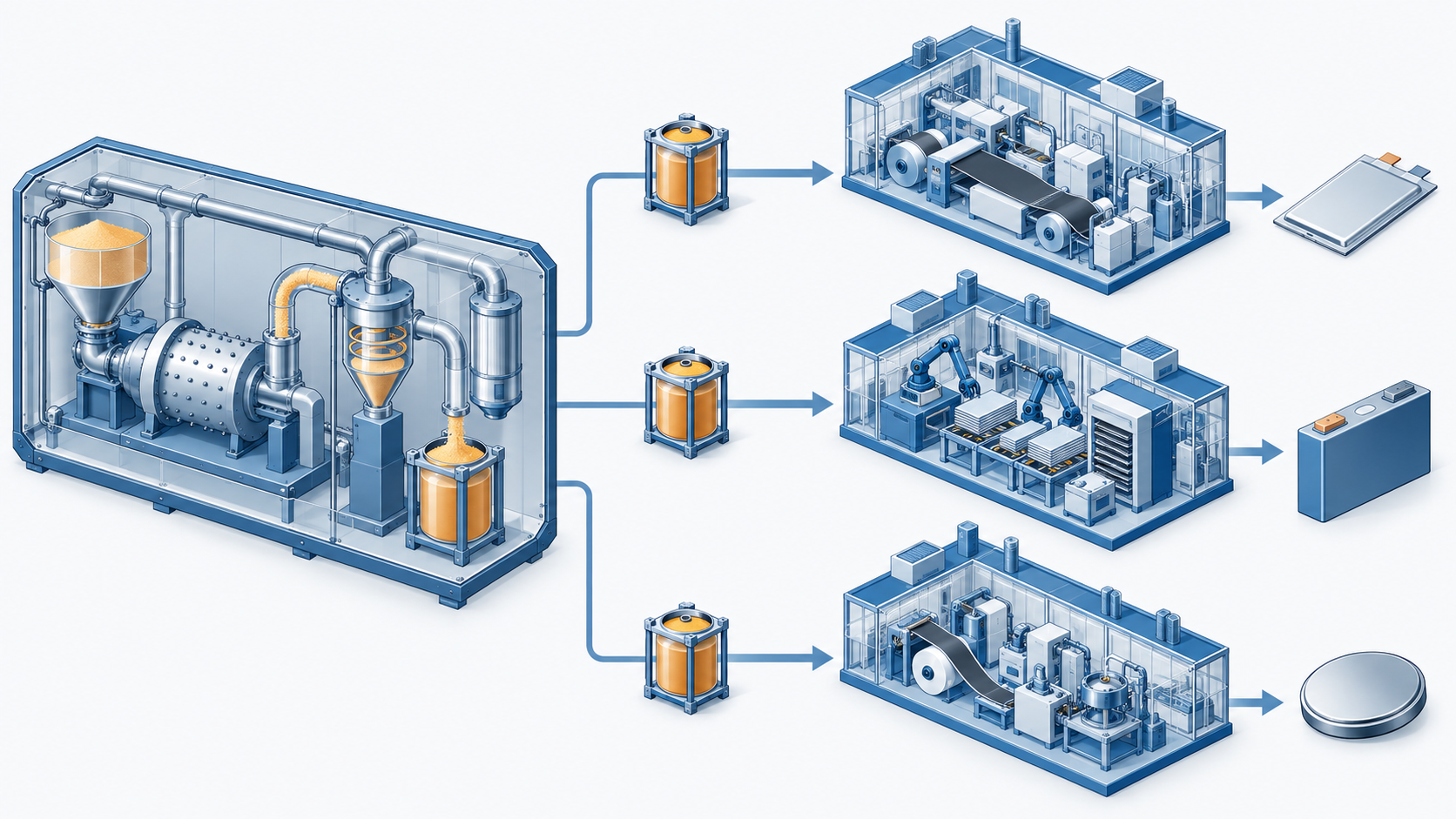 Conceptual diagram: Producing only one material within the battery and leaving the cells for the customer to assemble is a form of specialization