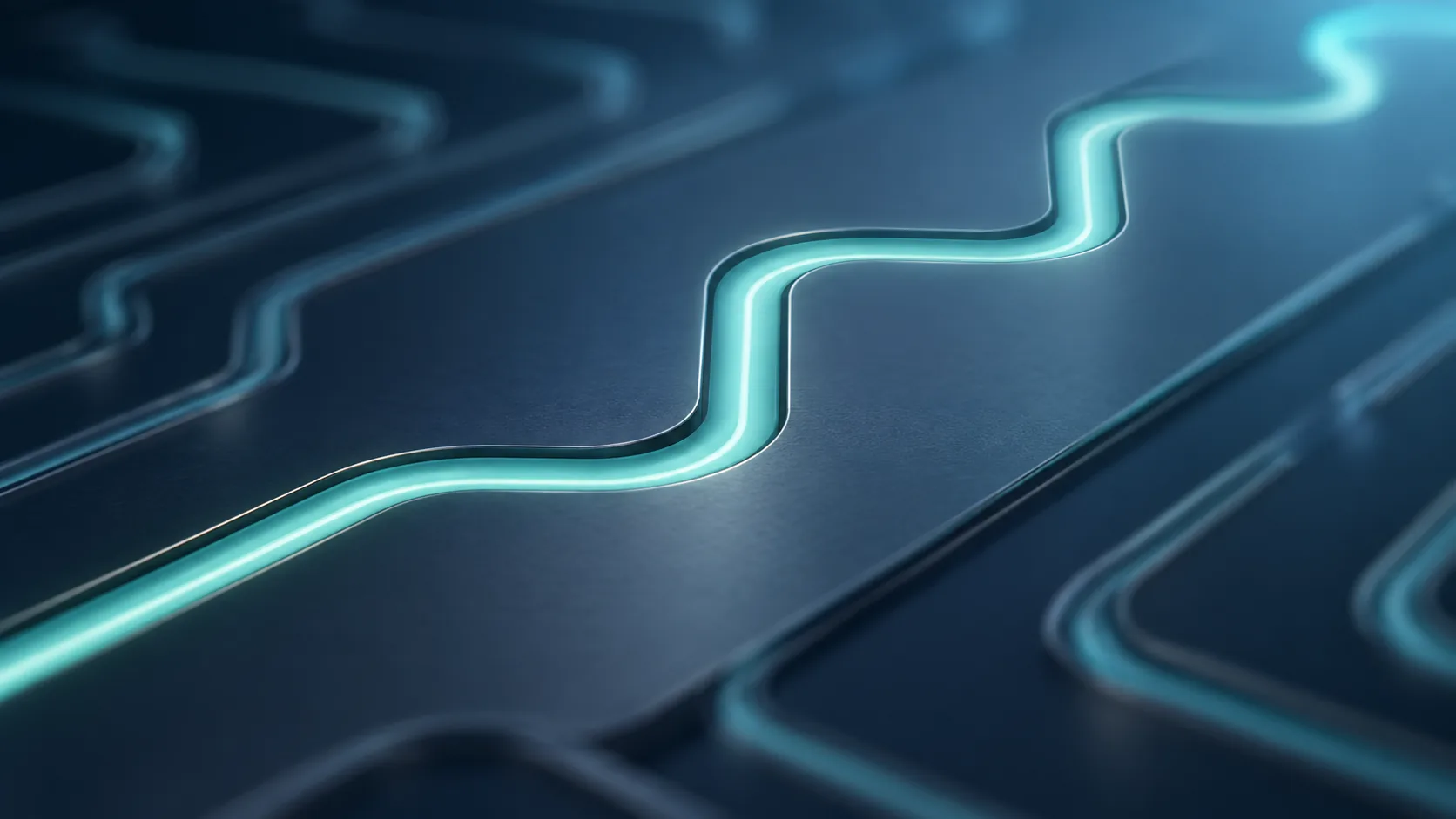 Conceptual close-up image of several thin lines curving smoothly across a flat chip surface with a faint glow