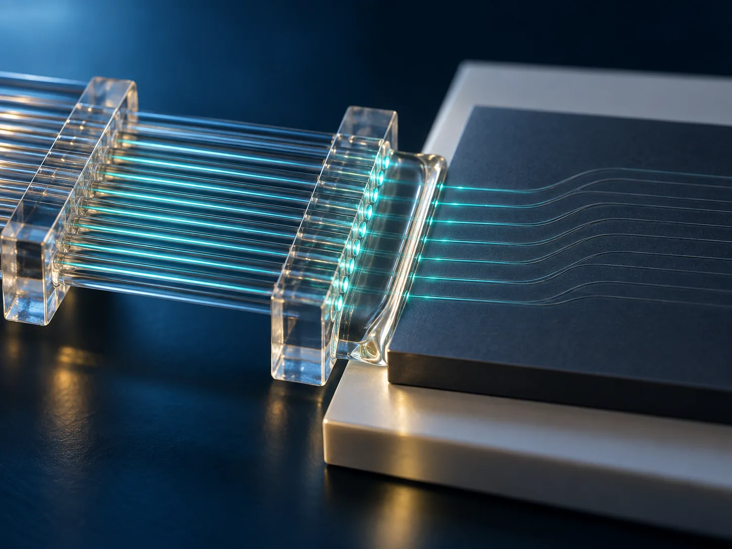 Conceptual close-up image of a bundle of optical fibres held in a glass block and joined to the edge of a small photonic integrated circuit