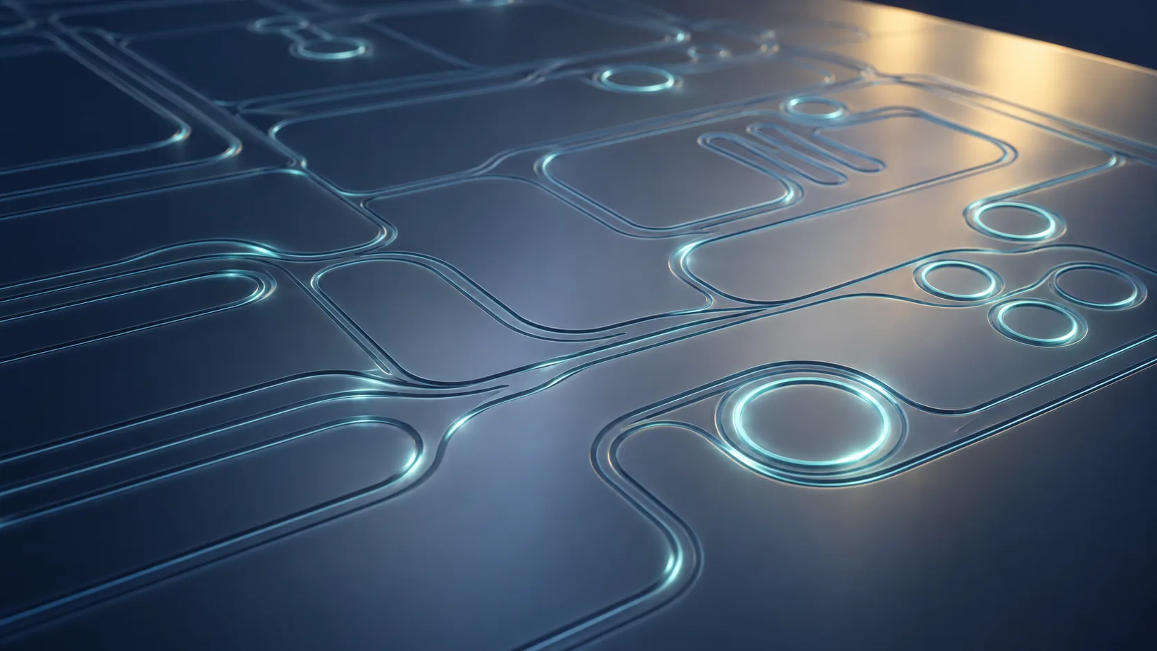 Conceptual close-up image of thin waveguides curving across the surface of a silicon chip with a faint glow