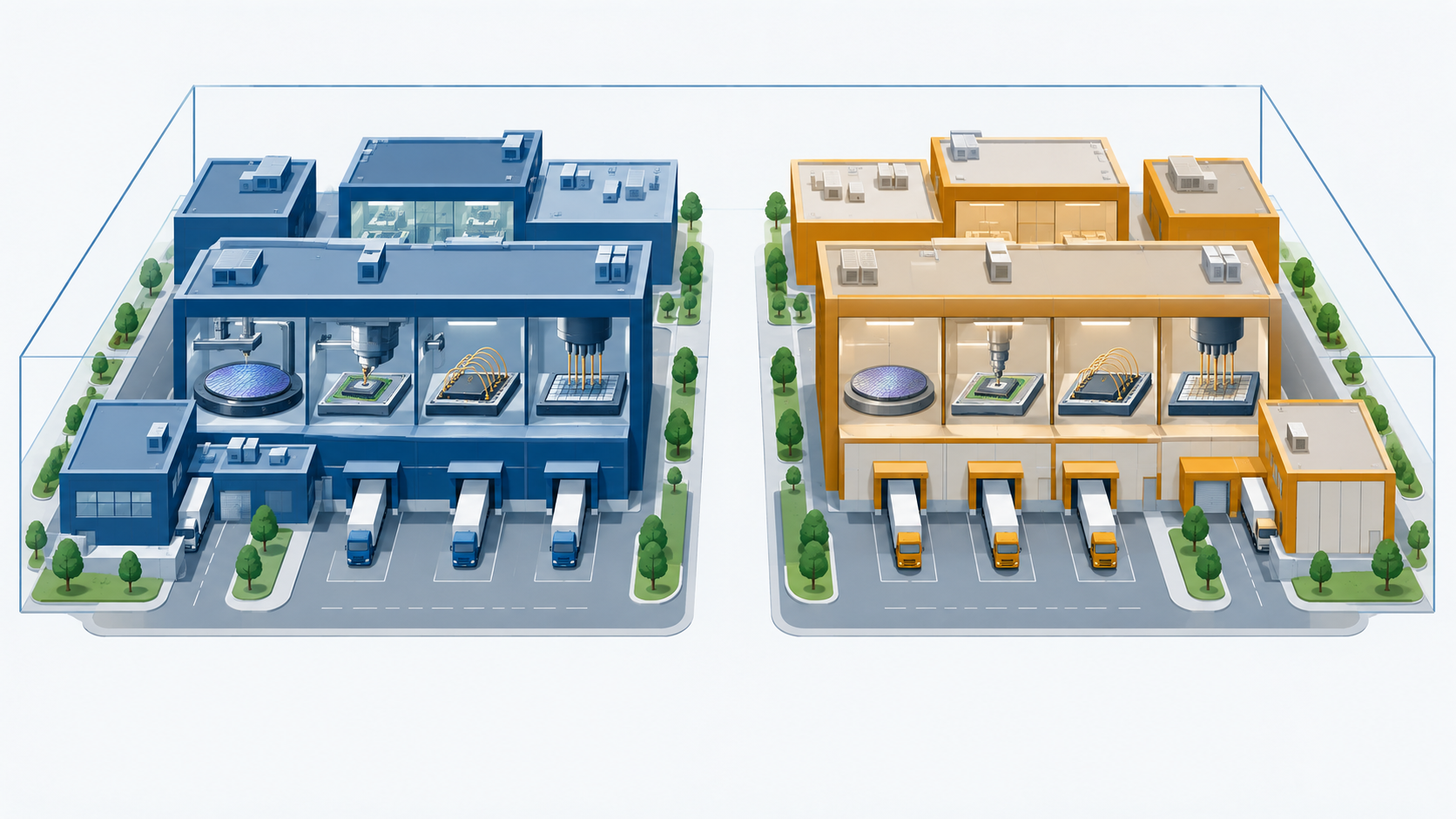 Concept diagram showing independent plant clusters placed side by side under the single frame of a holding company (AI-generated concept image)