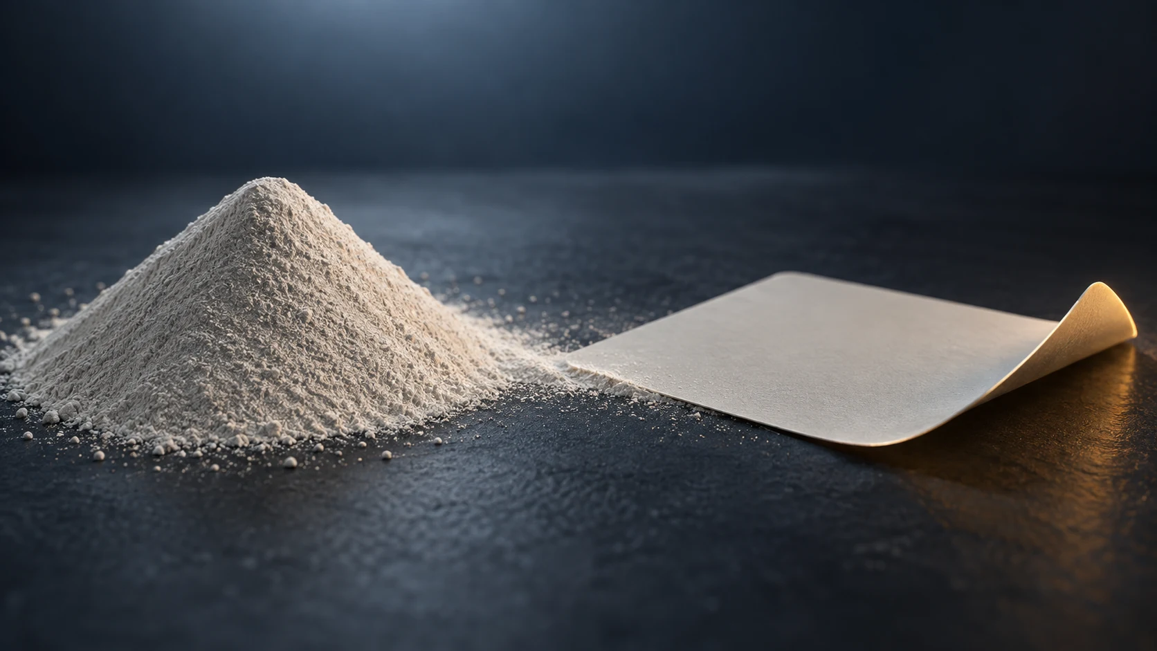 Conceptual image showing a pale grey-white fine powder next to a thin film rolled out from it