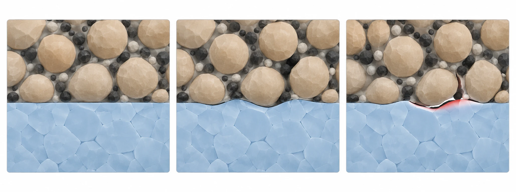 Three-stage concept showing intimate cathode-electrolyte contact, volume-change mismatch, and interfacial cracking with contact loss