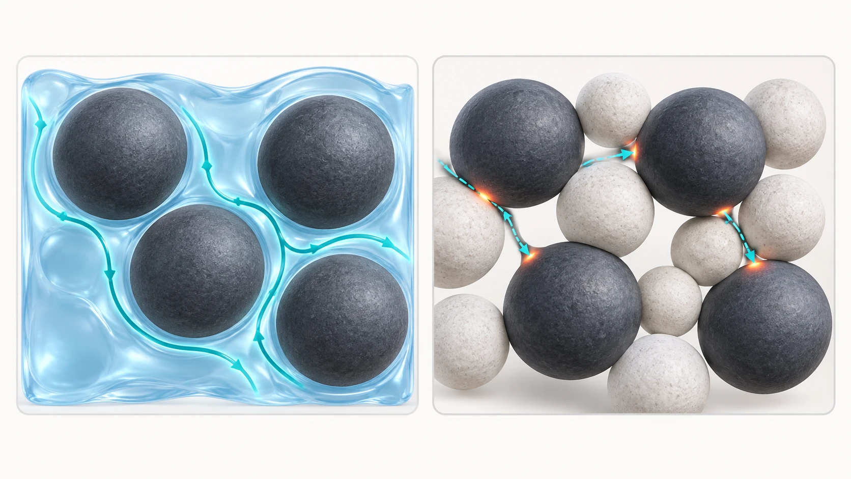 Concept comparing a liquid electrolyte that fills particle gaps with a solid electrolyte limited to discrete contacts
