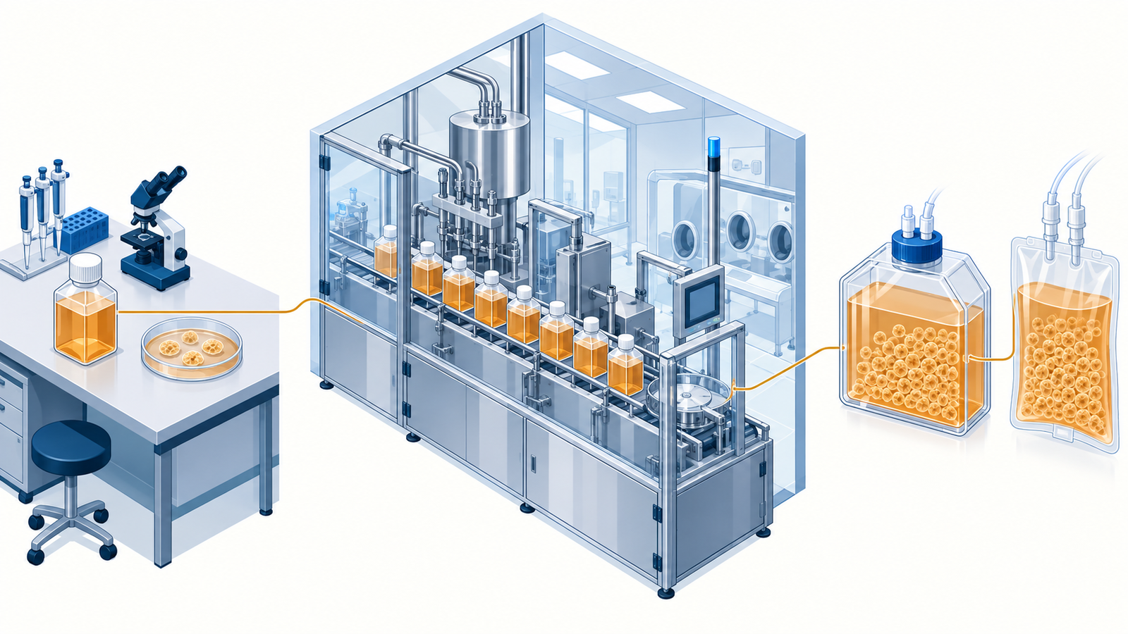 Concept diagram: the same raw materials flowing from a lab media bottle, through a GMP plant's production line, to clinical cell manufacturing