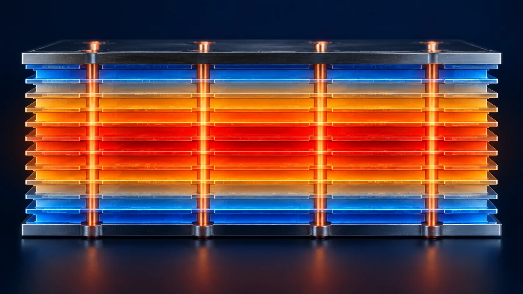 Thermal-style conceptual image where the middle of a stack of layers is hottest and the outer layers are cooler