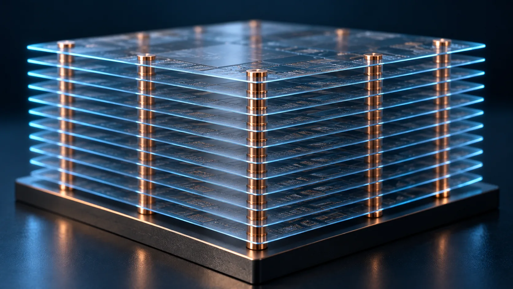 Conceptual image of very thin silicon dies stacked in several layers with through-vias linking them