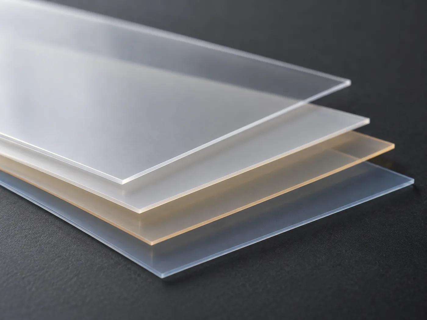 Conceptual image of several thin translucent sheets in slightly different tints, stacked with small offsets on a dark surface