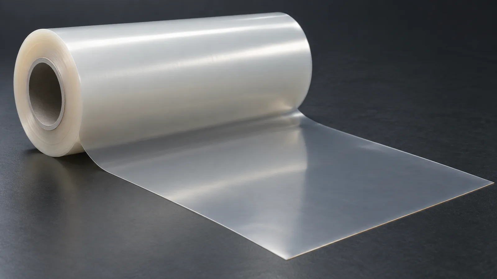 Conceptual image of a plain, translucent roll of polymer film on a dark surface, with a short length of film drawn out from it