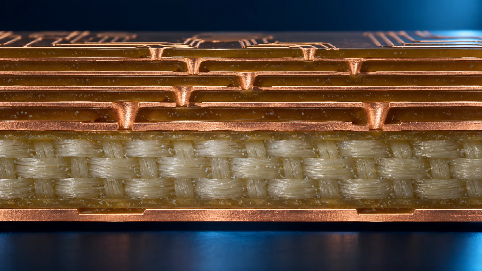 Macro impression of a cross-section where resin dielectric layers and copper wiring layers alternate and laser-drilled holes filled with copper connect them