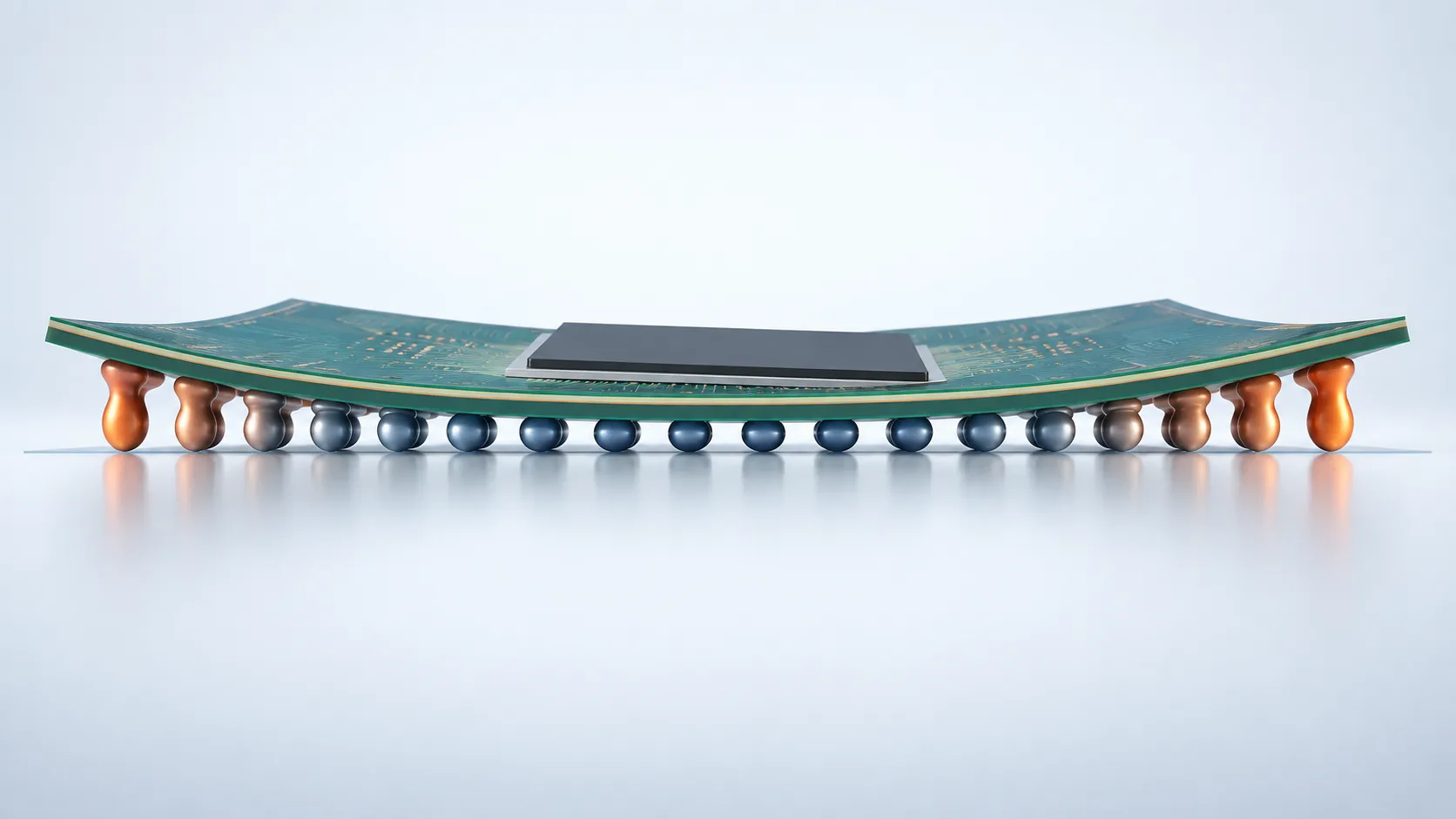 Conceptual image of a large package substrate whose edges lift through repeated heating and cooling, concentrating stress at the joints