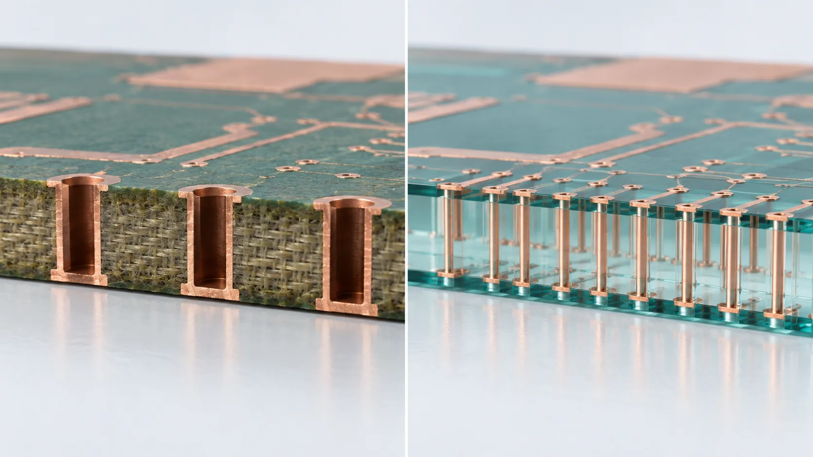 Conceptual image contrasting an organic core of resin and glass cloth on the left with a transparent glass core carrying vertical through-vias on the right