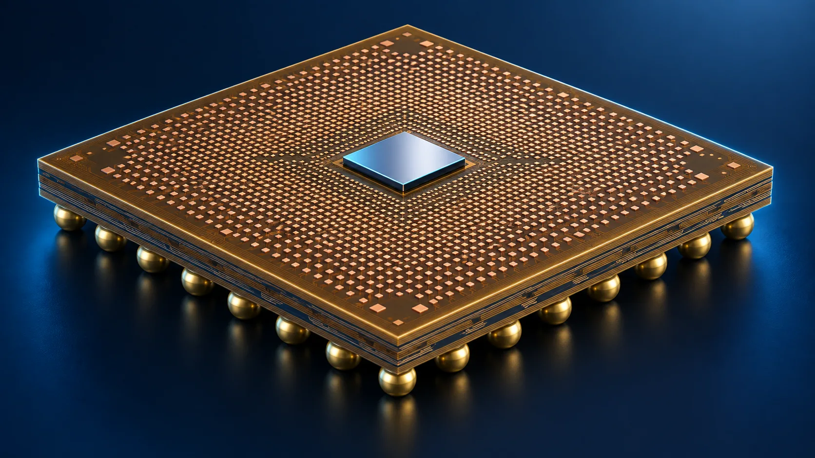 Conceptual image of a multilayer package substrate carrying a silicon die, with fine wiring layers and solder balls