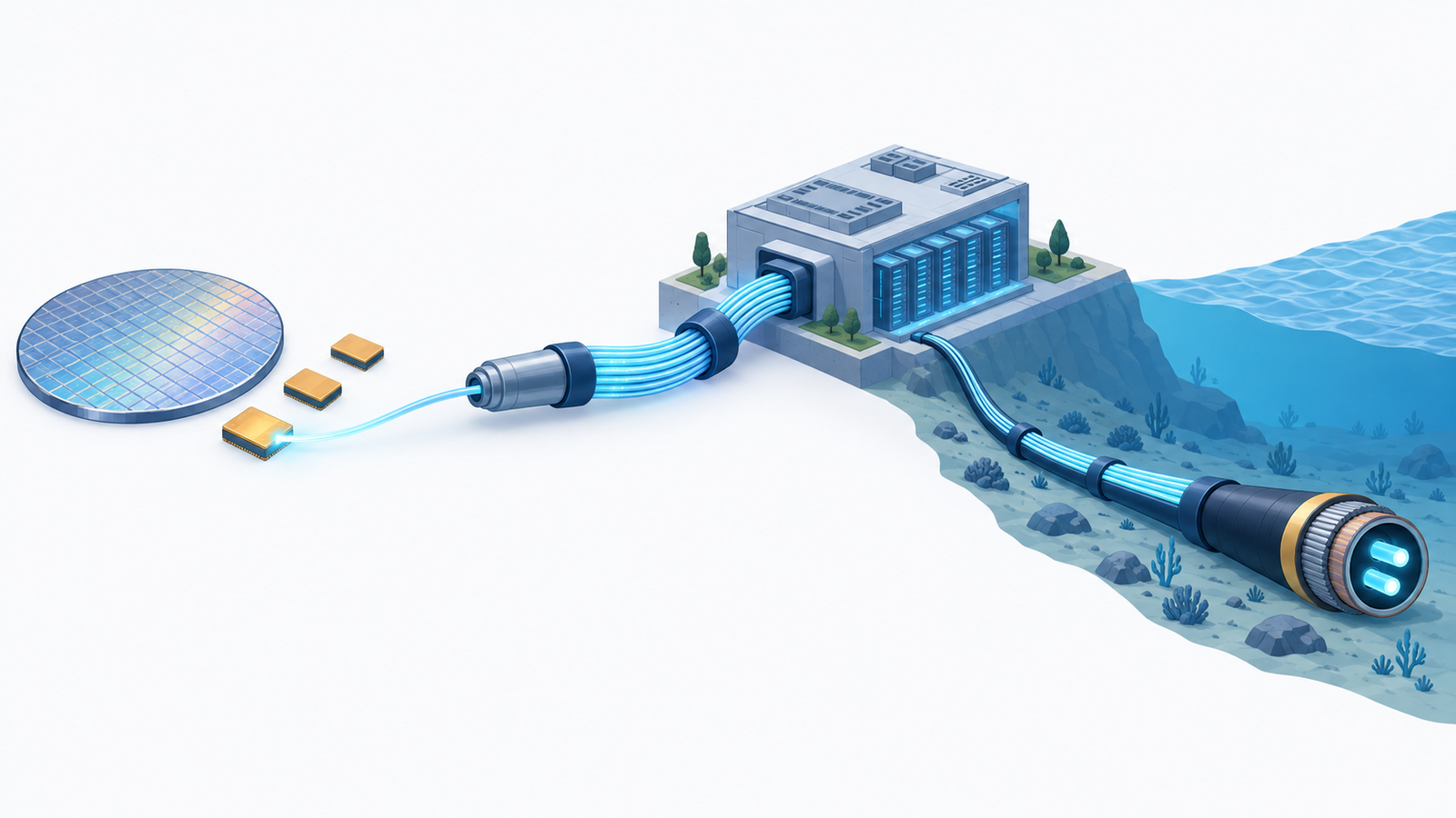 Concept diagram: optical communications linked in one continuous chain from crystal substrate to laser chip, optical fibre cable and submarine cable
