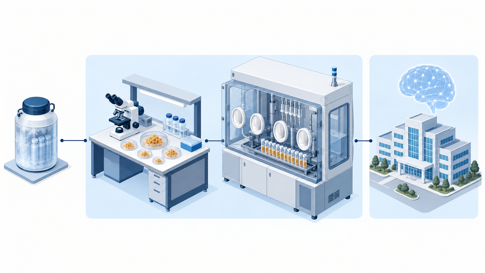 Concept diagram: division of labour from iPS cell stock, through an R&D joint venture and a manufacturing joint venture, to the approval holder delivering to hospitals