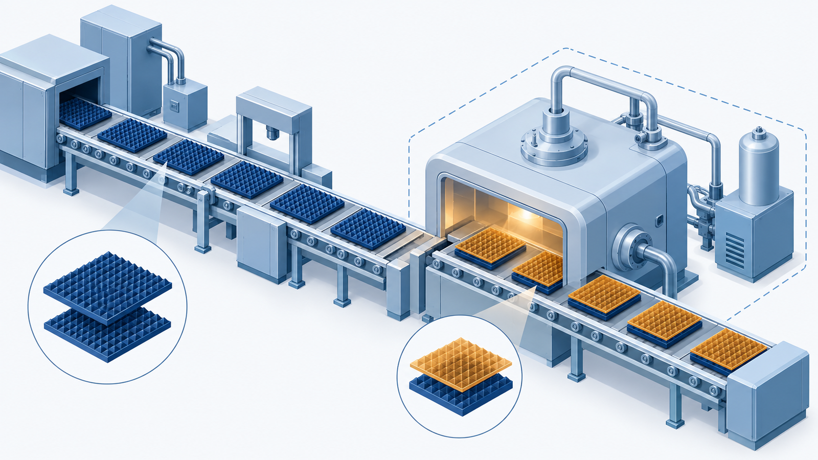 Concept diagram: a factory in which a perovskite thin-film process is added later on top of a silicon cell volume production line