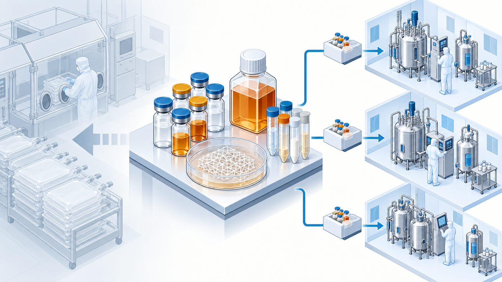 Concept diagram: stepping back from making cells under contract, and shifting weight to supplying materials (scaffold protein, media, enzymes) to those who make cells