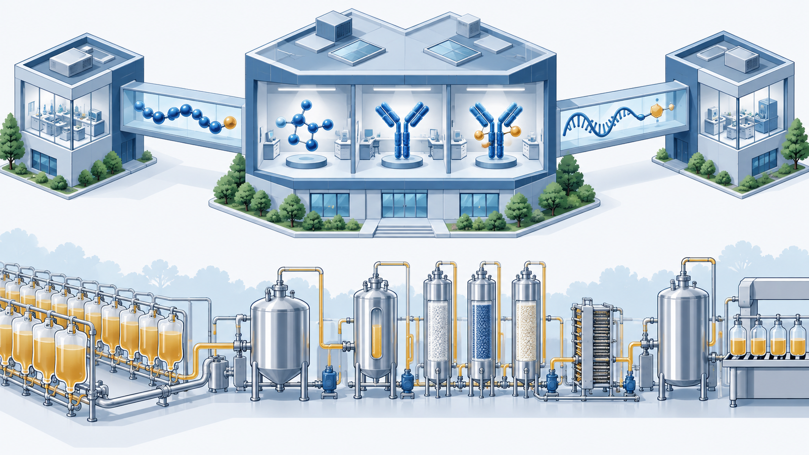 Conceptual diagram: There is a research building of low- , antibody, and ADC in the center of a pharmaceutical company, and the candidates for peptides and nucleic acids are transported across the bridge.