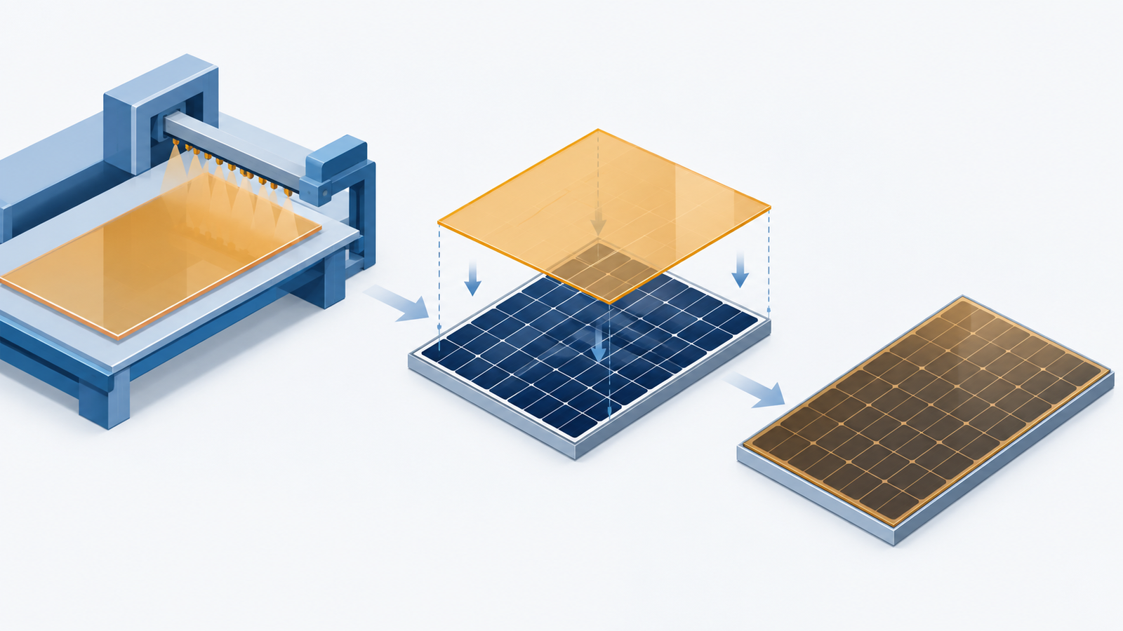 Concept diagram: a thin perovskite layer made on a flat substrate being stacked on top of existing silicon cells to form a panel