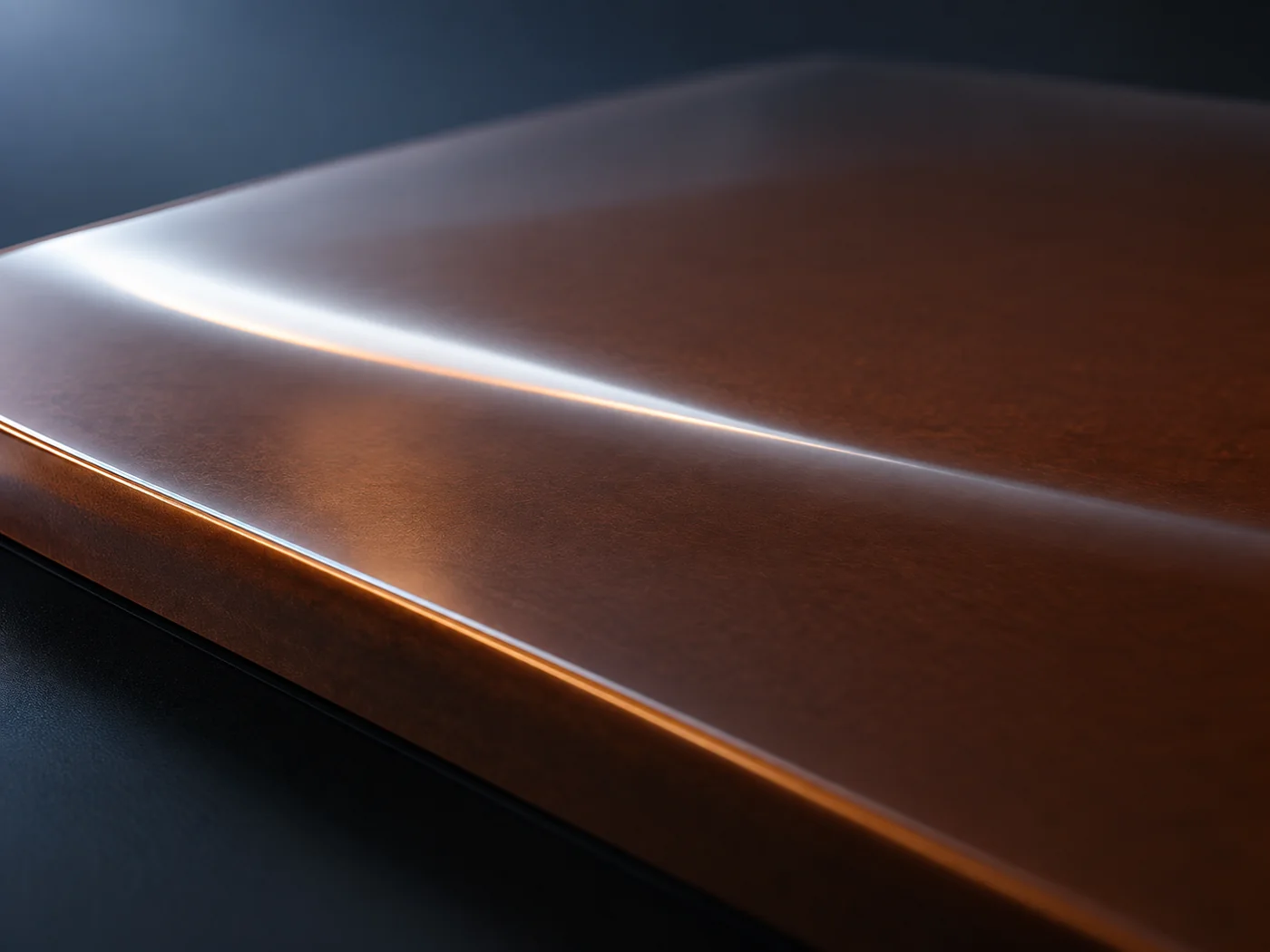 Conceptual image of a very thin clear film over a dark flat surface against a dark background, with a single smooth reflection picked out by light from an angle
